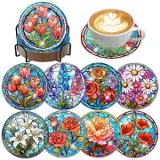 8 PCS Diamond Art Coasters-Flower Diamond Painting Coasters Kits with Holder