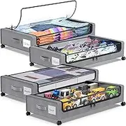 Yeenhoopy Under Bed Storage with Wheels, 4 Pack Under bed Storage Containers with Clear Lids & Zippers, Under Bed Shoe Storage Organizer, Rolling Underbed Storage for Clothes, Shoes, Blankets (Grey)