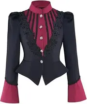 Saniplaycos Women's Medieval Edwardian Short Gothic Jackets Steampunk Black Top Victorian Tuxedo Retro Lace Trim Outwear