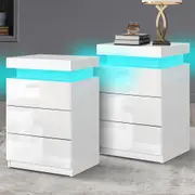 Alfordson 2x Bedside Table LED Nightstand 3 Drawers High Gloss White