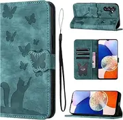 [LSPCASA] Samsung Galaxy A14 Case for Samsung A14 4G/5G High-Quality PU Leather Material Samsung A14 Case with Card Slots Cat Butterfly Pattern Samsung Galaxy A14 5G Case Green