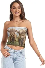 [RPLIFE] Cute Highland Cows Womens Tube Top, Going Out Crop Top, Sheer Tube Tops, Sexy Tube Tops (S)