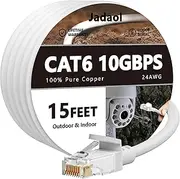 Cat 6 Outdoor Ethernet Cable 15 ft, Support Cat8/7 Network, 10Gbps 550MHz, 24AWG Pure Copper, Direct Burial Waterproof In-Ground UV Resistant LAN Internet Patch Cable for Router, Modem, Switch, White