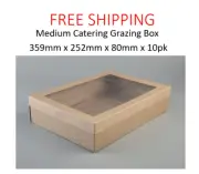 10x Medium Catering Grazing Box w Window Kraft Brown 359mm x 252mm x 80mm