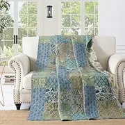 Qucover Single Bedspread Quilted Soft Cotton Green and Beige Floral Patchwork Quilt 150x200 cm Decorative Quilted Blanket Bed Throw for Sofa and Couch
