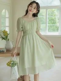 在飛比找樂天市場購物網優惠-小清新森系氣質連身裙女夏季綠色方領收腰顯瘦長裙子洋裝