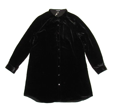 NWT Eileen Fisher Mandarin Collar Long Shirt in Black Velvet Tunic L
