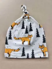 Kids Beanie- Light Weight Material- White with Yellow Fox and Black Tree Images