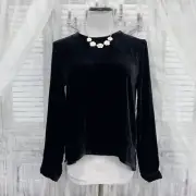 Eileen Fisher Sz XS Black Velvet Round Neck Blouse Top Long Sleeve Silk Boxy B60