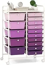 Giantex 15 Drawers Rolling Cart, Classroom Organizers, Storage Cart with Wheels, for Teacher Office Home School Supplies Tool Craft Art Paper, Purple Gradient
