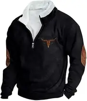 [JIEMUXIU] Men's Quarter Zip Sweater, Western Aztec Sweatshirt, Fleece Lining, Fashion Sweatshirt, Casual, Sporty, Retro, Black, Medium