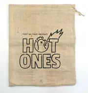 HOT ONES Jute/Burlap drawstring bag 15 x 18"h, Made in USA, First We Feast