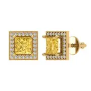 2.3 Princess Round Cut Halo Natural Citrine Stud Earrings Real 14k Yellow Gold