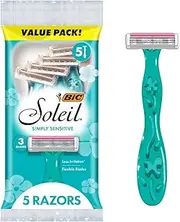 BIC Soleil Simply Sensitive Women's Disposable 3 Blade Razors, Soothing Moisture Strip, 5-Count Pack