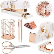 Famassi Rose Gold Marble Desk Accessories, Office Supplies Set Stapler Set Staple Remover, Tape Holder, Pen Holder, 2 Ballpoint Pen, Scissor, Binder Clips, Paper Clips and 1000pcs Staples