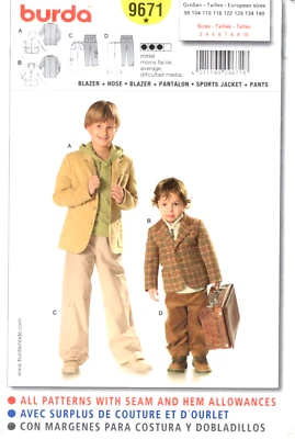 Child's Sport Coat and Pants, Burda Sewing Pattern 9671, Sizes 3 to 10