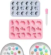 PQCLXUYA Candy Molds, Silicone Small Jelly Moulds, Non-Stick Cake Decoration Mold, Cute Chocolate Moulds, Mould for Wax Melts with Dropper,Including Fruit,Flower,Set of 2