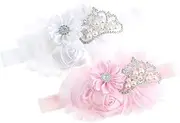 [Nishine] Baby Christening Headband Toddler Girls Fabric Flower Headband Tiara Stretchy Elastic in Pairs (Child, White/Pink)