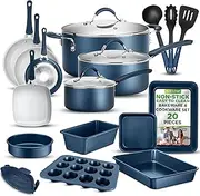 NutriChef Cookware/Bakeware 20-Piece Set includes a saucepan, frying pans, cooking pots, oven pot, lids, and utensils. Nonstick, PTFE/PFOA/PFOS-free, heat-resistant silicone handles, navy blue
