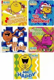 5 x Square Stickers ~ Mr Men Little Miss Sunshine Tickle Helpful Daredevil ~