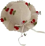 [JIAHG] Girls Sweet Cherry Lace Bowknot Sun Hat Summer Sunblock Straw Hat Wide Brim Floppy Outdoor Beach Sun Protection Hat