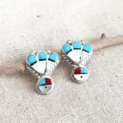 Navajo Shiny Sterling Silver Turquoise White Shell Inlay Sunface Post Earrings
