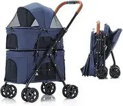 Doublelayer Dog Pram Stroller Pet Trolley Strollers Pushchair Breathable Travel Carrier Pet for 2 Dogs/Cats Great for Twin Or Multiple(Color:Blue)