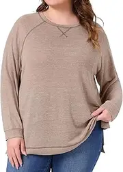 [Agnes Orinda] Plus Size t Shirts for Women Long Sleeve Crew Neck Casual Pullover Loose Side Split Knit Blouse Top