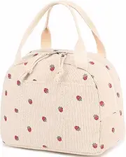 Kintiva Insulated Strawberry Lunch Bag for Women, Stylish Corduroy Tote with Waterproof Fabric