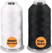 Set of 2 (White + Black) Polyester Machine Embroidery Thread Huge Spool 5000M fo