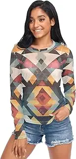 [AIXIWAWA] Women Long Sleeve Mesh Sheer Top Aztec Pattern, Sexy See-Through Blouse for Party Evening Wear S