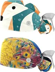 [YTYVAGT] 2-Pc,Nurse Scrub Caps,Scrub Hats with Buttons and Cotton Sweatband,Animal Cute Fox Family