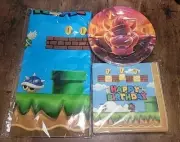 Super Mario Bros birthday party supplies: Bowser Plate. Napkins, Table Cover