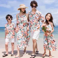 在飛比找蝦皮商城優惠-海灘渡假粉菊木槿花朵細肩帶連身裙襯衫親子裝情侶裝