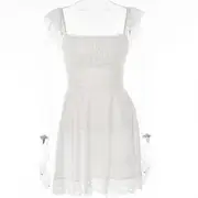 Cap-Sleeve Square Neck Plain Lace Trim Mini A-Line Dress White - S