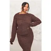 Plus Chocolate Marl Knit Asymmetric Overlay Jumper, Chocolate