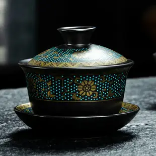 日式家用復古黑陶泡茶碗三才蓋碗老段泥功夫茶具手抓茶碗茶杯