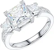 [THELANDA] Genuine Moissanite or Simulated Center 1.5CT Diamond Sterling Silver Three Stone Style All Princess Cut Side Stones Promise Engagement Ring
