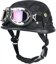 Motorcycle Half Helmet Retro Open Face Half Shell Helmet with Goggles Personality German Style Leather Jet Helmet for Street Cruiser Scooter Moped Helmets DOT Approved