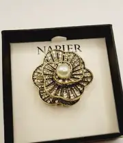 NAPIER Signed FLOWER Pin Brooch Gold Tone Rhinestones Faux Pearl 1.75 in