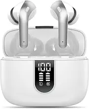 Wireless Earbuds, Bluetooth 5.3 Headphones with 4 ENC Noise Cancelling Mic, Deep Bass, IP7 Waterproof, 50H Playtime, LED Display, in Ear Earphones for Phone, Laptop, Pearl White
