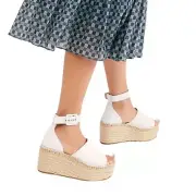NEW Free People Leather Coastal Platform Wedge Espadrille White Size 38 or 7.5