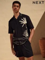 Black Textured Palm Tree Embroidered Short Sleeve Shirt (AH1062) | $69