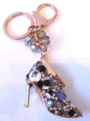 Rhinestone Bling Gold Tone Key Chain Purse Charm Fob Black High Heel Shoe