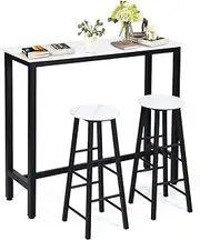 Costway 3PCS Pub Height Bar Table Stools Set, Industrial Round Seat Bar Stool Set, Kitchen Cafe Counter Stools with Footrest, Pub Bistro Dining Height Table Set, Black/White (White)