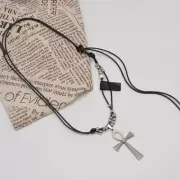 Leather Rope Titanium-Steel Necklace Cross Pendant Choker Long Sweater Chain
