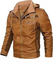 [JEShifangjiusu] Men's Leather Jacket With Straightening Closure Motorcycle Jacket Motorcycle Collar Warm Winter Jacket With Hat, Yellow, 3XL