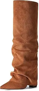 [SaraIris] Women's Slouchy Knee High Boots - Black, Pointed Toe, Fold Over, Chunky, Shark Boots