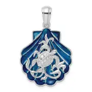 Sterling Silver De-Ani Rhodium-Plated Enameled Blue Shell With Turtle Pendant