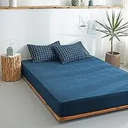 Small Double Bed,Solid Color Washed Cotton Deep Pocket Bedding Sheets, Checkered Mattress Topper for Bedroom Guest Room Bed Cover,Navy Blue,100cmx200cm+25cm